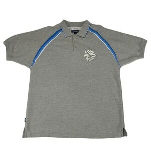 Koman Jeans Men Large Gray Polo Shirt Lion Graphic Short Sleeve Striped Shoulder